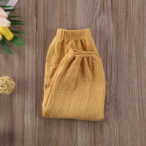 Vista 28 de Paquete de 3 pantalones de algodón y lino para bebés, niños y niñas, color liso, ropa básica para bebés