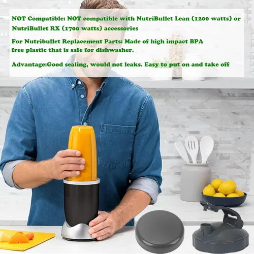 Vista 4 de 2 piezas de repuesto para licuadora Nutribullet tapas, 1 tapa plana y 1 tapa abatible para llevar Nutribullet de 600 W y 900 W 18/24/32 onzas