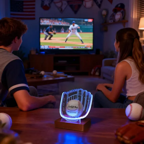 Vista 6 de CoolGift Mart Soporte de exhibición iluminado para guantes de béisbol, base acrílica y de madera con iluminación LED de acento, alimentado por USB