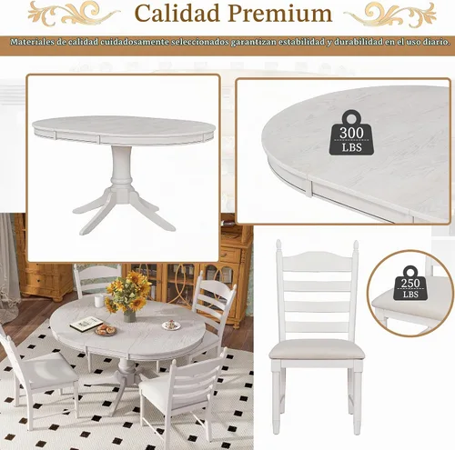 Vista 7 de Juego de mesa de comedor redonda extensible retro de 5 piezas, mesa de comedor ajustable de madera maciza de 42 a 58 pulgadas con 4 sillas de Blanco
