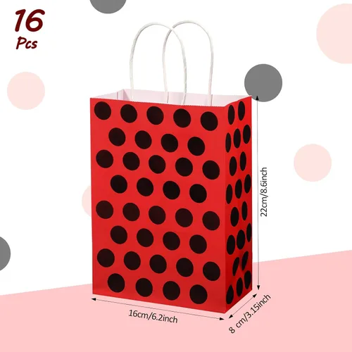 Vista 2 de Gersoniel Paquete de 16 bolsas de regalo para fiesta de mariquita, bolsas de dulces con asas, lunares rojos y negros, suministros de fiesta