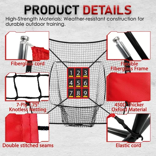 Vista 4 de Red de práctica de béisbol y sóftbol de 7 x 7 pies con 9 zonas de ataque numeradas Red de entrenamiento profesional para pegar, lanzar y batear