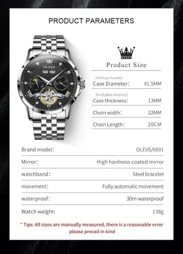 Vista 6 de OLEVS Relojes automáticos para hombre, cuerda automática, de lujo, de acero inoxidable, impermeable, relojes de pulsera para hombres