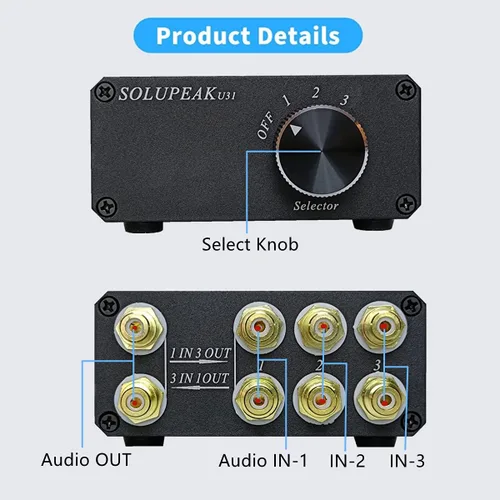 Vista 4 de U31 Premium RCA Switch Box, caja de conmutación de audio 3 en 1 salida, caja de conmutación estéreo con señal sin pérdida, carcasa de aluminio