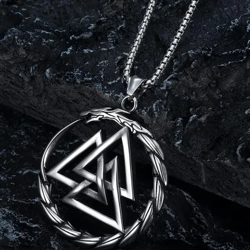 Vista 2 de Jude Jewelers Collar con colgante de brújula nórdico de acero inoxidable vikingo, valknut nórdico, runa de dragón y lobo, Metal, Circonia cúbica