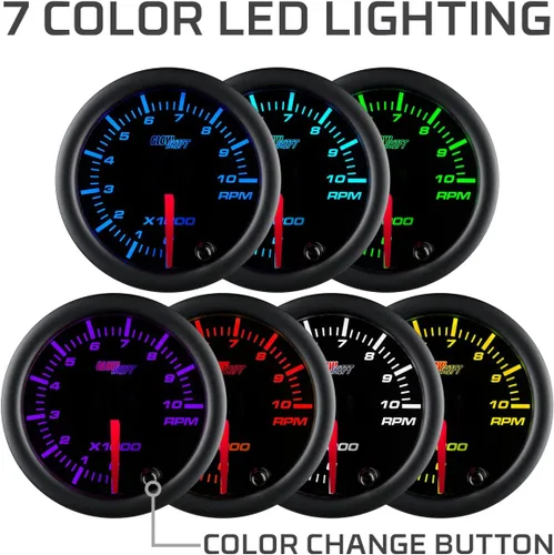 Vista 4 de GlowShift Tacómetro negro de 7 colores, 10,000 rpm, para motores de gasolina de 1 a 10 cilindros, esfera negra, lente transparente, 2-1/16 pulgadas