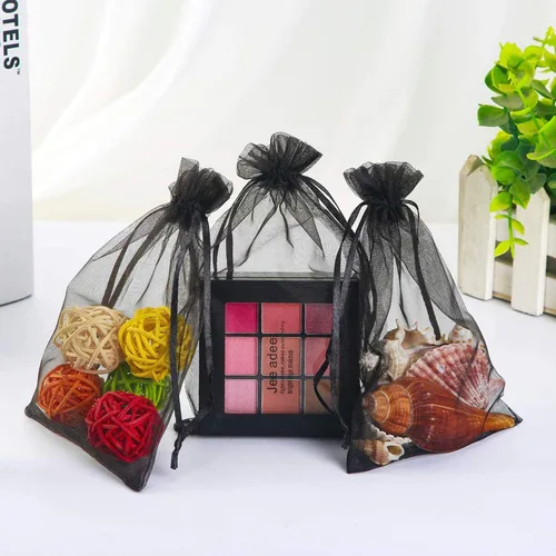 Vista 5 de 100 piezas por paquete 5x7 Bolsas de regalo transparentes negras, tela de organza transparente, bolsas de malla transparentes con cordón