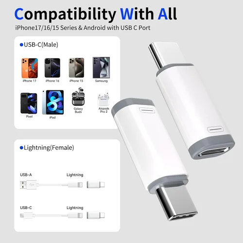 Vista 4 de Thousover Paquete de 4 adaptadores Lightning a USB C para iPhone 15/16/17 Pro/17 Pro Max, para cargador de iPhone 17/16, accesorios 17/16, carga