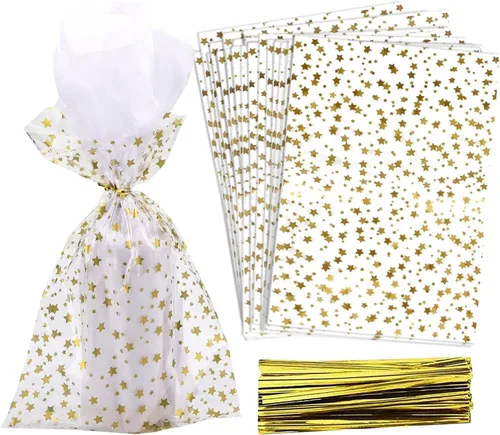 Vista 14 de 100 bolsas de regalo con estampado de estrellas de 3 x 5 pulgadas, bolsas de regalo de celofán, bolsas de regalo de celofán, bolsas de regalo