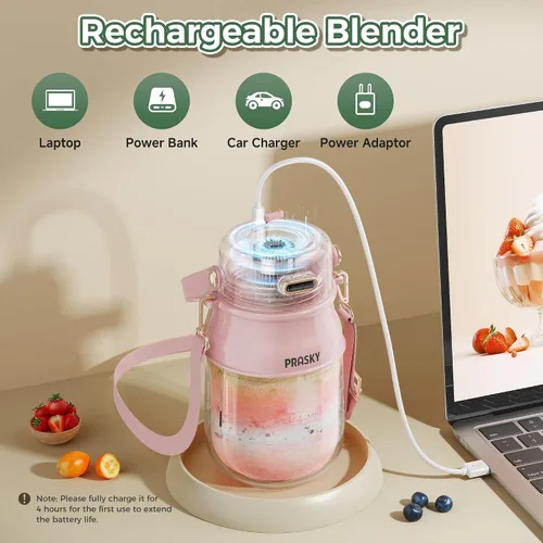 Vista 6 de Licuadora Portátil, Licuadoras Personales Prasky para Batidos y Smoothies con Taza de 27 onzas, Tapa y Correa para el Hombro, Recargable por USB