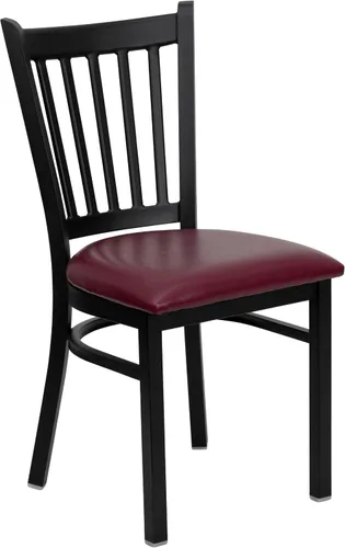 Vista 3 de BizChair Silla de restaurante de metal con respaldo vertical negro - Asiento de vinilo burdeos