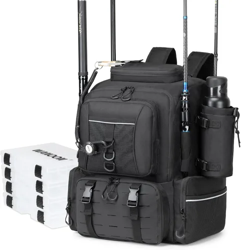 Vista 11 de WANOON Mochila de pesca, bolsa de aparejos, con cajas de aparejos. Bolsa de pesca grande, materiales fuertes