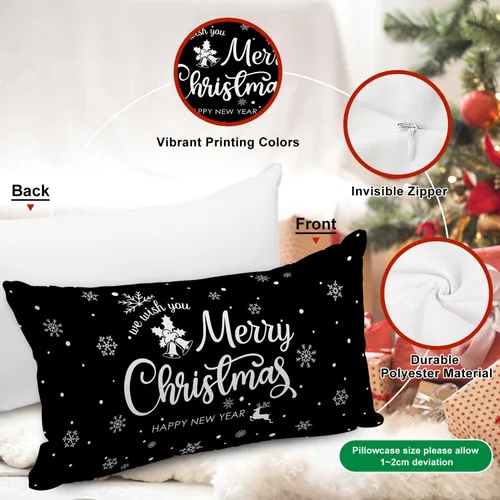 Vista 6 de Lanpn Fundas de Cojín Lumbar Navideñas de 12x20, 4 piezas, Blanco y Negro Feliz Navidad Xmas Invierno Copo de Nieve Fundas de Almohada de Cojín