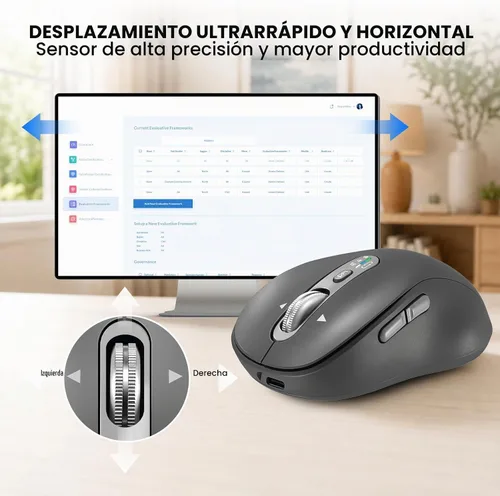 Vista 3 de Ratón Bluetooth inalámbrico, mouse Ergo para computadora multidispositivo, desplazamiento estupendo de metal de 4 vías, ± 3200 DPI, 10 botones, Plug