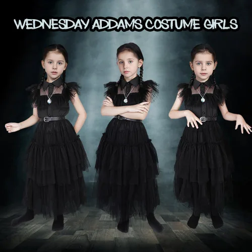 Vista 2 de Digi Halloween Wednesday Addams Costume Girls Dress,Halloween Birthday Cosplay Costumes for Kids 4-12 Years