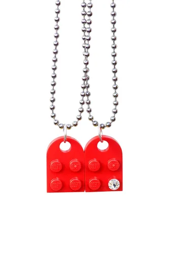 Vista 4 de Brick Heart Lego Necklace with Swarovski Crystal, 2 Bricks and 2 Silver Ball Beads Necklaces with Stylish Black Box - Friendship & Romantic Present