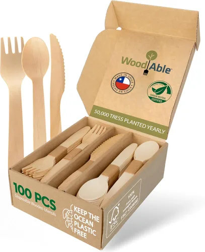Vista 13 de Juego de cubiertos de madera desechables – 100% compostable para el hogar – 100 tenedores de 6.5 pulgadas, utensilios de bambú alternativos
