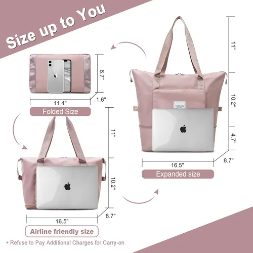 Vista 2 de WOOMADA Bolsa de viaje plegable, bolsas de fin de semana para mujer, bolsa de mano con espacio expandible, bolsas de transporte para aviones