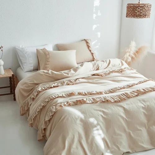 Vista 11 de Simple&Opulence Juego de funda de edredón de algodón de lino con volantes, 3 piezas, ropa de cama con textura suave con bordes decorativos