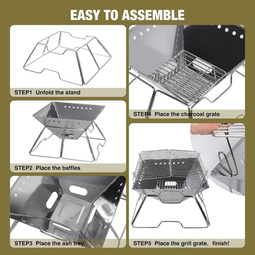 Vista 6 de Fogata portátil con parrilla para campamento, hoguera plegable de alta resistencia con parrilla de fogata y bolsa de transporte para exteriores