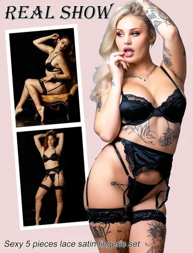 Vista 5 de Avidlove Conjunto de lencería para mujer con aros y bragas, 5 piezas, lencería de encaje satinado con ligueros
