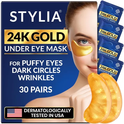 Vista 11 de Stylia Parches para usar debajo de los ojos para ojos hinchados y ojeras (20 pares) – Mascarilla de oro de 24 quilates para usar debajo de los ojos