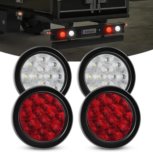 Vista 19 de Nilight Luces traseras para remolque, 2 unidades, 4 pulgadas, redondas, 12 LED, ámbar, cromado, marco, marcador, señal de giro, luz trasera