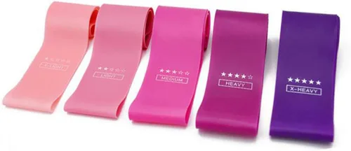 Vista 2 de Juego de 5 bandas de resistencia para yoga, color rosa, degradado, para yoga, ejercicio, gimnasio, deportes, bandas elásticas para fitness