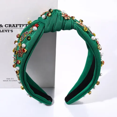 Vista 3 de boderier Diademas de Navidad para Mujeres Diadema de Árbol de Navidad con Cuentas Diadema Ancha Anudada de Cristal Accesorios para el Cabello