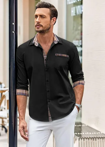 Vista 3 de COOFANDY - Camisa de vestir de algodón con mangas largas, botones y cuello a cuadros, de estilo casual, para hombres