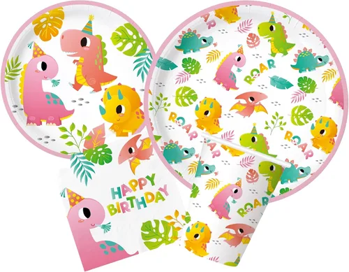Vista 2 de Oojami Suministros de fiesta de dinosaurios para 24 - Juego de decoraciones de cumpleaños para niñas