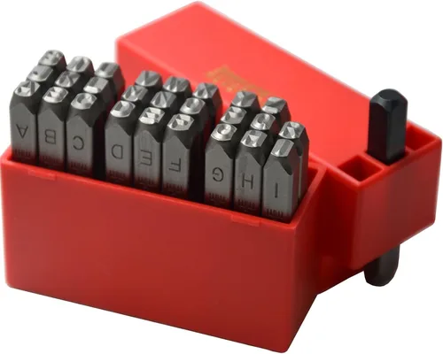 Vista 37 de Juego de 27 sellos de acero resistente con letras mayúsculas de 3/64" 1mm, kit de punzones de alfabeto para estampado a mano de caracteres, código