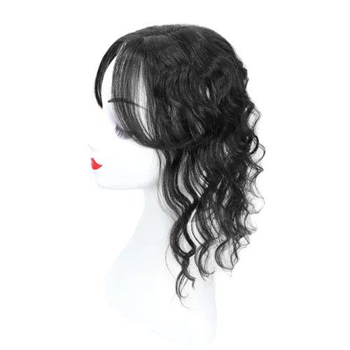 Vista 4 de Peluca de cabello humano rizado tipo tupé para mujer con flequillo lateral/flecos que añaden volumen al cabello, base de seda de 5 x 5 pulgadas