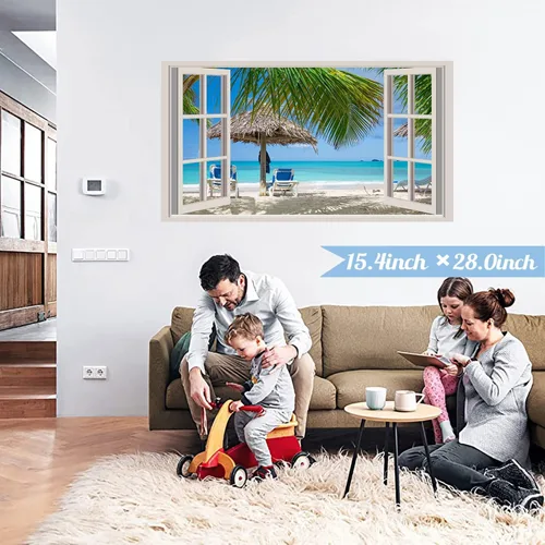 Vista 3 de Adhesivo de pared de playa 3D falso para ventanas, calcomanías de pared de paisaje marino de playa, calcomanías extraíbles 3D para paredes de Blue