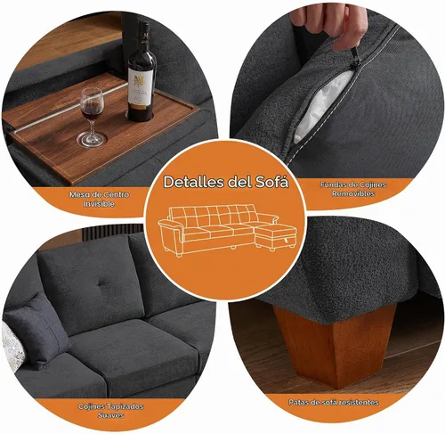 Vista 5 de Sofás seccionales de 4 asientos para sala de estar, dormitorio, oficina, sofá modular convertible en forma de L con otomana y portavasos, gris oscuro
