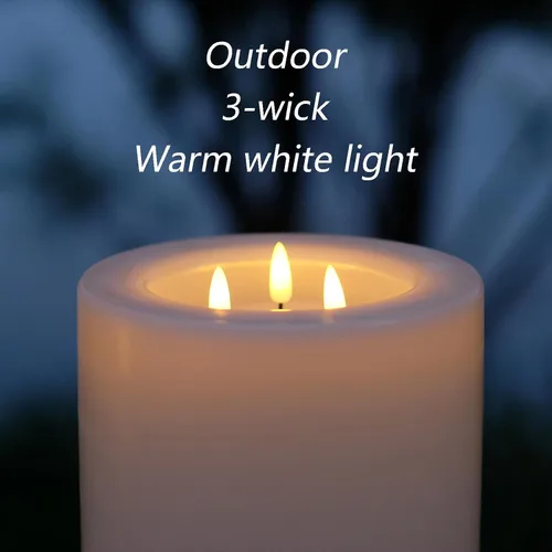 Vista 2 de Velas grandes sin llama XL para exteriores de 6.45" x 11" con control remoto. Impermeables y resistentes a la lluvia, LED que funcionan