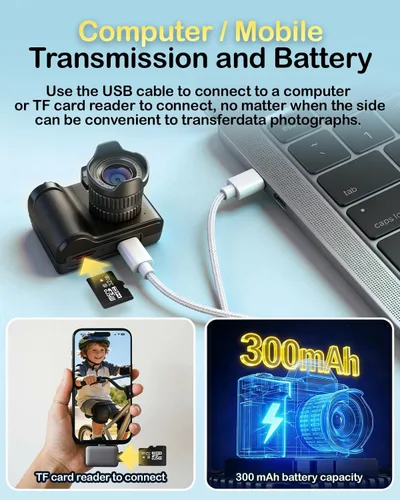 Vista 5 de Mini cámara digital, cámara portátil 1080P para fotografía con tarjeta SD de 8 GB, cadena de clip para tarjeta de llave para adolescentes