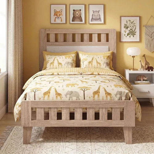 Vista 4 de KOMFOTT Base de cama individual de madera con cabecera tapizada, plataforma moderna de mediados de siglo con espacio debajo de la cama, base
