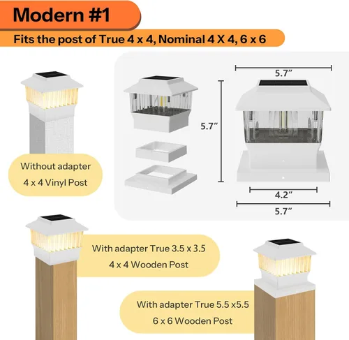 Vista 2 de Paquete de 4 luces solares para tapa de poste, modernas #1: se adapta a postes de madera de 4 x 4, 4 x 4 y 6 x 6 pulgadas, temperatura de 3