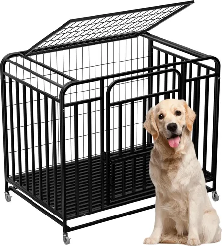 Vista 9 de Jaula de metal resistente para perros de 38 pulgadas, construcción de acero de aleación reforzada con puertas dobles, ruedas móviles y acabado