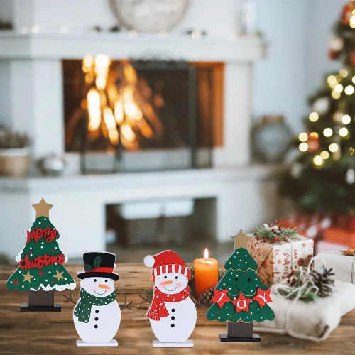 Vista 4 de DECSPAS Decoraciones navideñas para interiores, 4 piezas de árboles de Navidad de madera y muñecos de nieve para decoración de mesa de centro