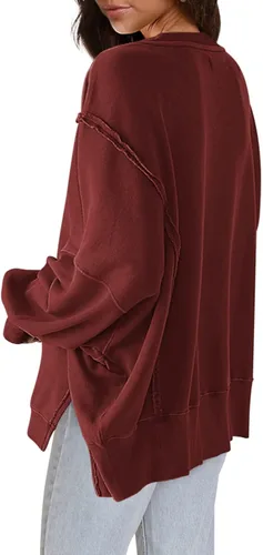 Vista 3 de Nirovien Sudadera de cuello redondo de gran tamaño para mujer, con abertura lateral, manga larga, ajuste holgado