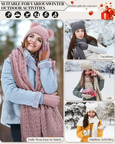 Vista 7 de Conjunto de gorro, bufanda y guantes de invierno para mujer, gorro con forro polar con doble pompón, guantes para pantalla táctil, bufanda de punto