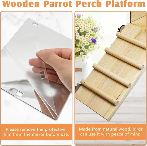 Vista 5 de BNOSDM Plataforma de perca para pájaros con espejo, escalera de escalada de madera para periquitos, juguetes de columpio para pájaros pequeños