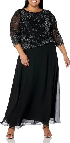 Vista 6 de J Kara Vestido largo con cuello redondo y manga 3/4 para mujer Cameo/Blanco/Plata