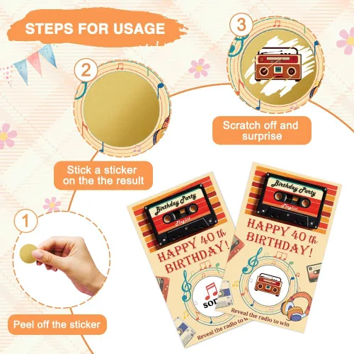 Vista 3 de Haizct 50 tarjetas rascadoras de feliz cumpleaños 40, juego retro para raspar de radio para amantes de la música, suministros de fiesta de regreso a