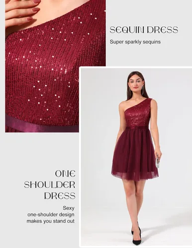 Vista 3 de BeryLove Vestido de lentejuelas para mujer, con purpurina brillante, un hombro, vestido de fiesta, club, vestido de fiesta bodycon vestido