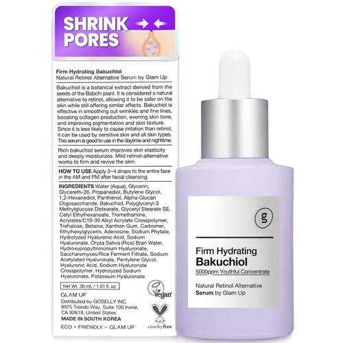 Vista 7 de Glam Up Suero Bakuchiol y ácido hialurónico – Suero alternativo al retinol antienvejecimiento, líneas finas difuminadas, antiarrugas, encogimiento