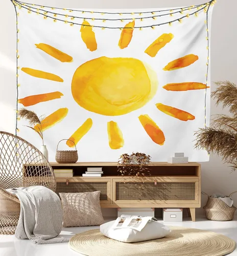 Vista 7 de Ambesonne Tapiz grunge, ilustración de sol, pincel de acuarela, estilo de pintura, imagen de sala de juegos, decoración de tela para colgar