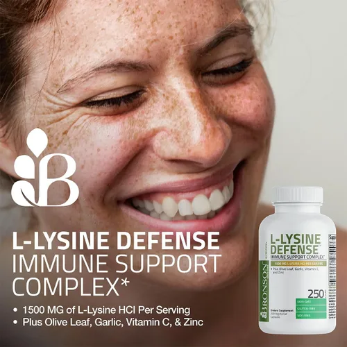 Vista 3 de Bronson Complejo de Apoyo Inmunológico L-Lysine Defense 1500 MG de L-Lisina más Hoja de Olivo, Ajo, Vitamina C y Zinc - Sin OGM, 90 Cápsulas